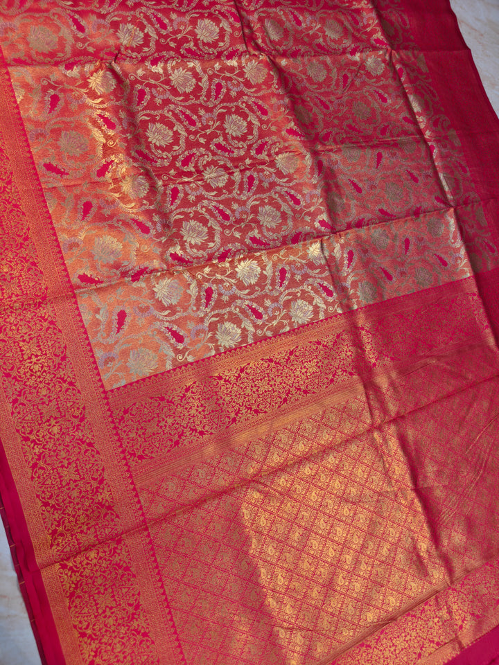 DHARMAVARAM TISU IN GOLD SILVER FUSION WITH RED COLOUR