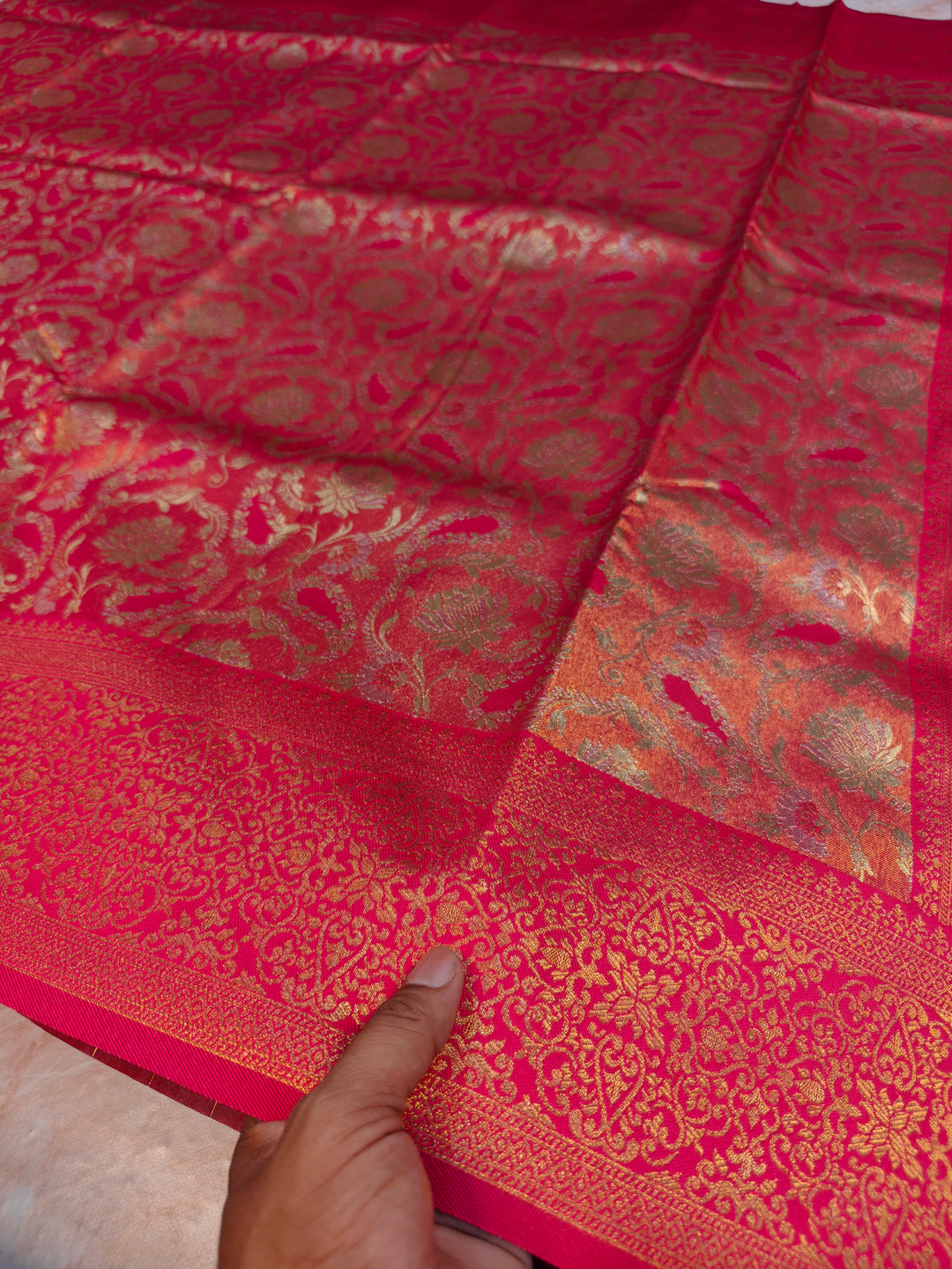 DHARMAVARAM TISU IN GOLD SILVER FUSION WITH RED COLOUR