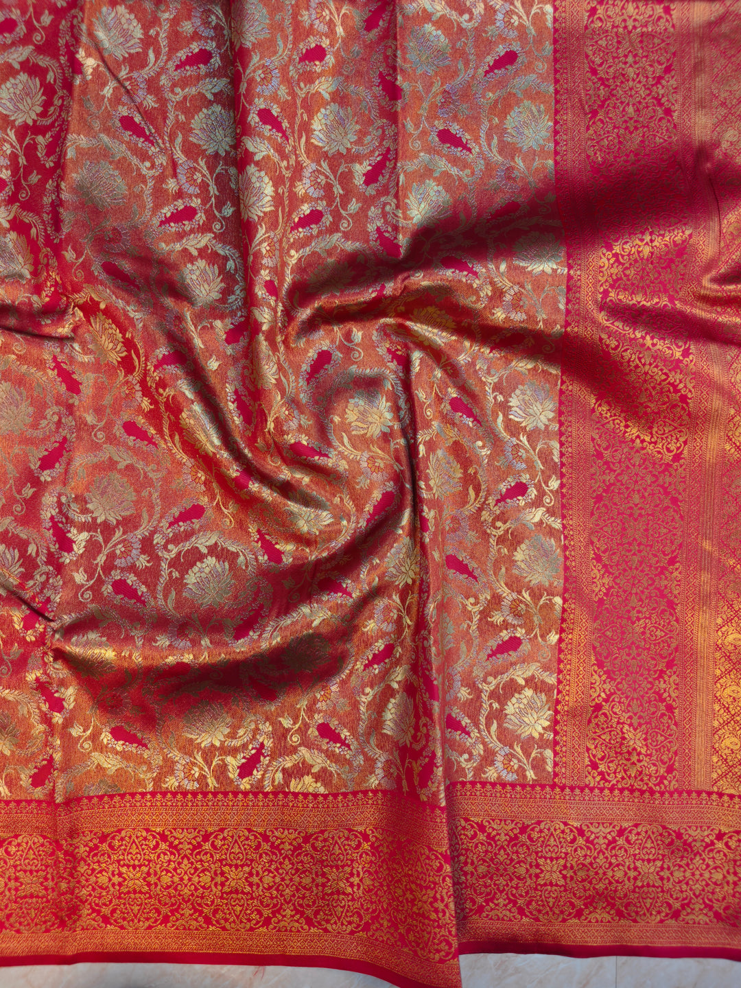 DHARMAVARAM TISU IN GOLD SILVER FUSION WITH RED COLOUR