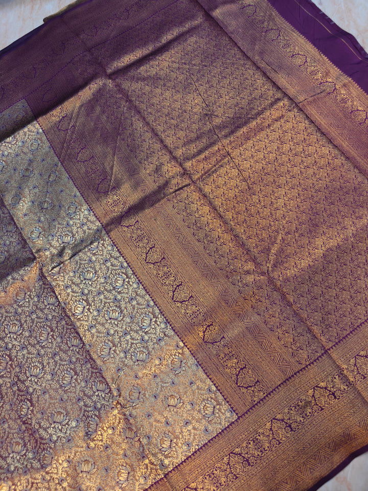 DHARMAVARAM TISU IN SILVER AND  GOLD WITH MAGENTA BORDER