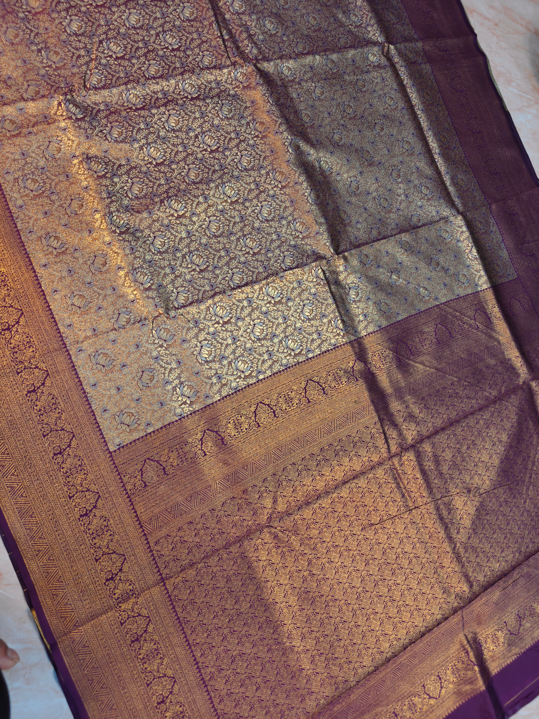 DHARMAVARAM TISU IN SILVER AND  GOLD WITH MAGENTA BORDER