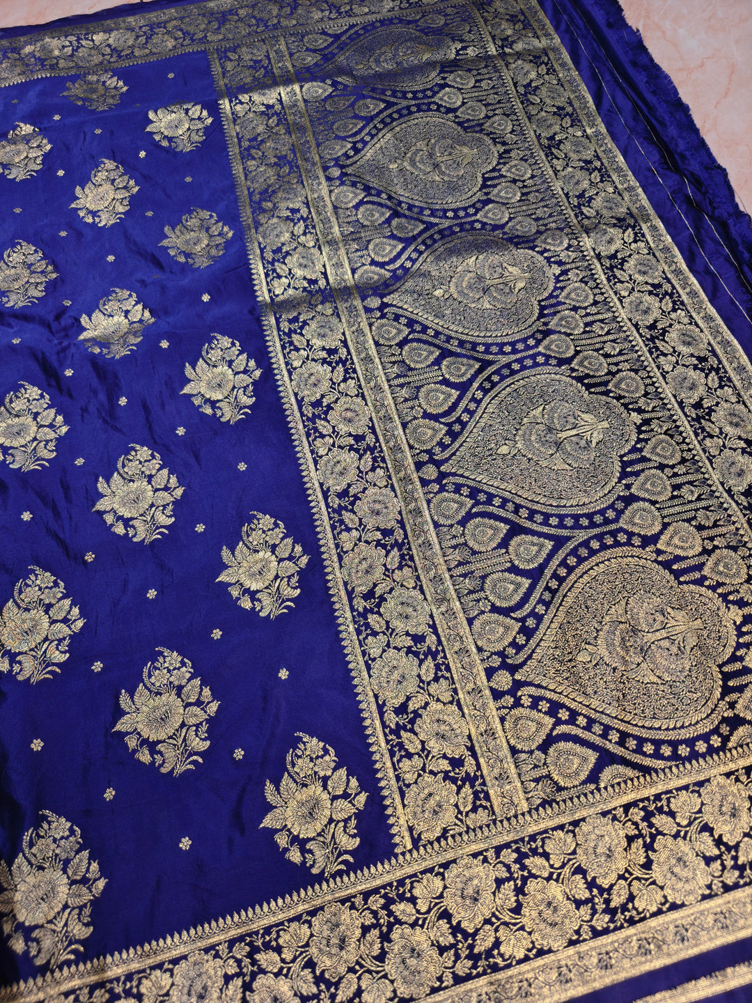 MASHRU KATAN SILK IN NAVY BLUE WITH ZARIWORK BOOTA