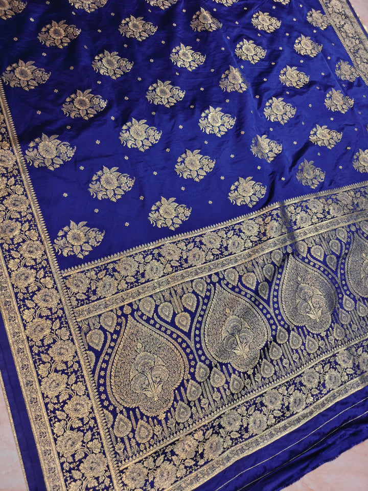 MASHRU KATAN SILK IN NAVY BLUE WITH ZARIWORK BOOTA