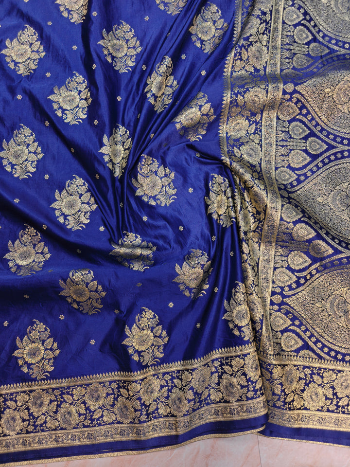 MASHRU KATAN SILK IN NAVY BLUE WITH ZARIWORK BOOTA