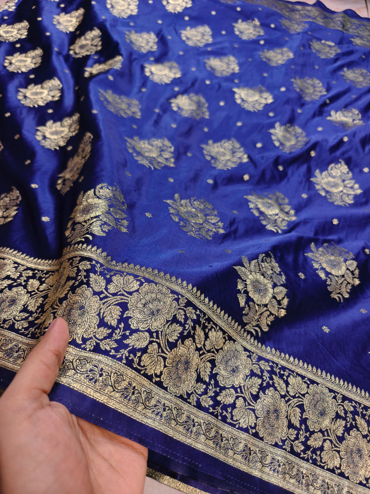 MASHRU KATAN SILK IN NAVY BLUE WITH ZARIWORK BOOTA