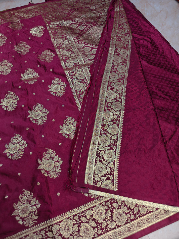 MASHRU KATAN SILK IN MAGENTA WITH GOLD ZARI WORK BOOTA