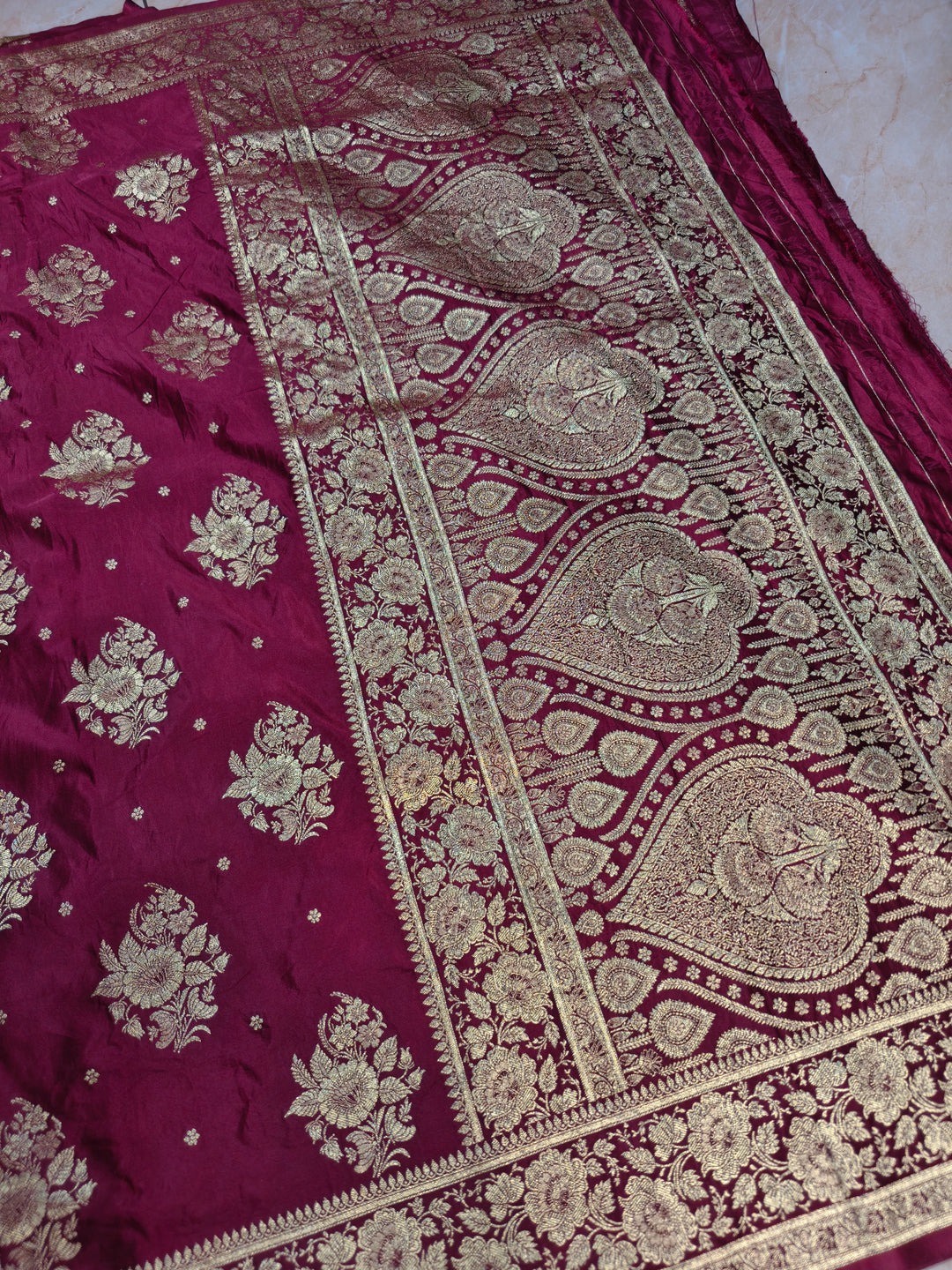 MASHRU KATAN SILK IN MAGENTA WITH GOLD ZARI WORK BOOTA