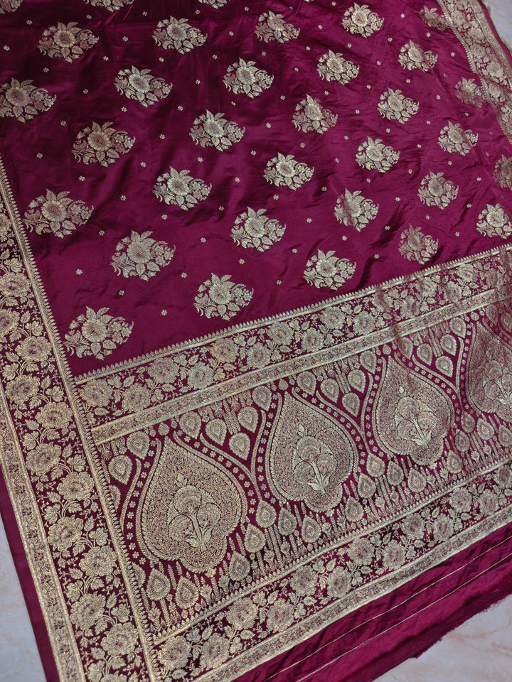 MASHRU KATAN SILK IN MAGENTA WITH GOLD ZARI WORK BOOTA