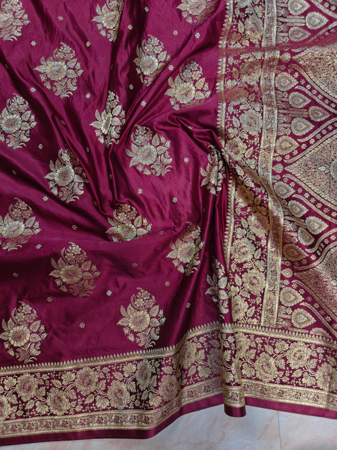 MASHRU KATAN SILK IN MAGENTA WITH GOLD ZARI WORK BOOTA