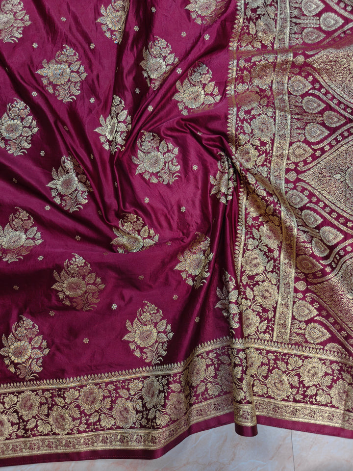 MASHRU KATAN SILK IN MAGENTA WITH GOLD ZARI WORK BOOTA