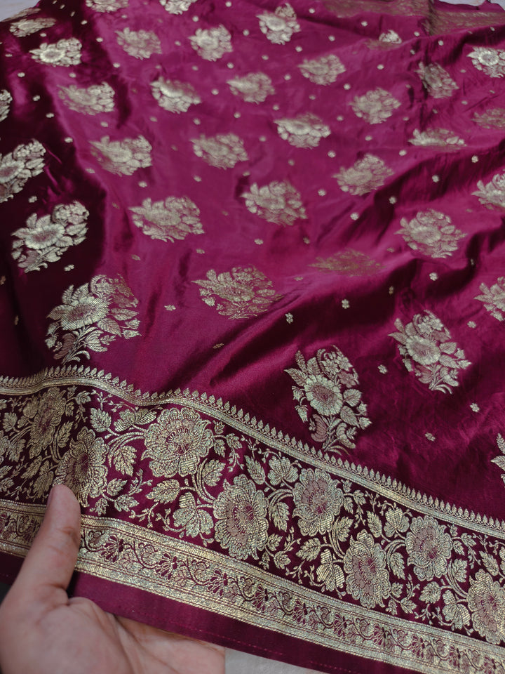 MASHRU KATAN SILK IN MAGENTA WITH GOLD ZARI WORK BOOTA