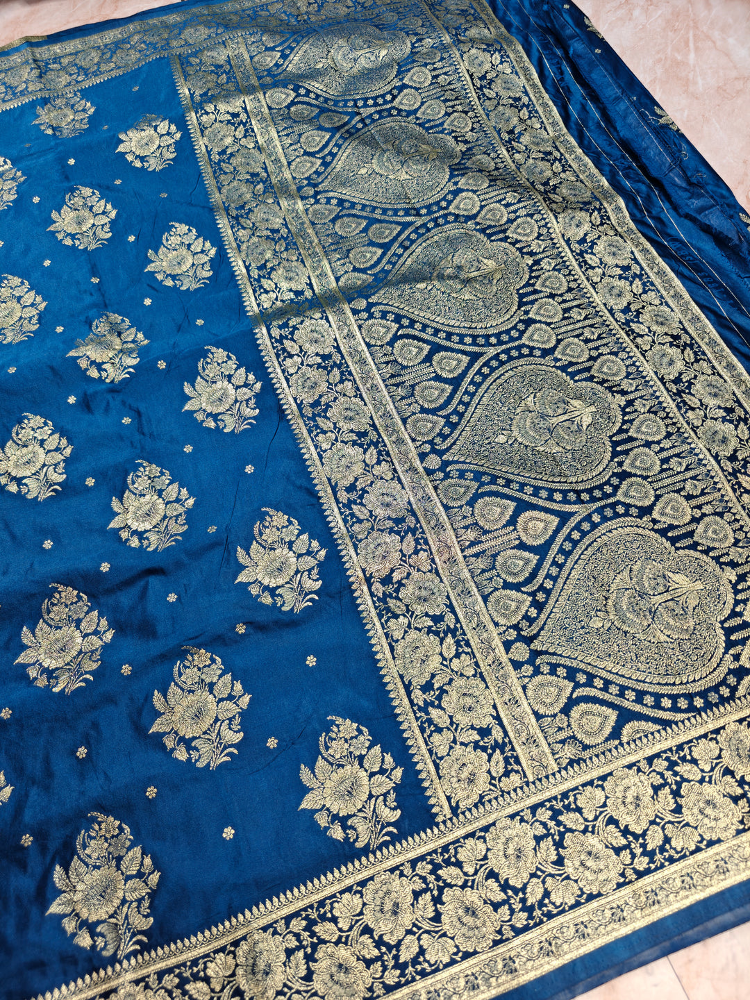 MASHRU KATAN SILK ROYAL BLUE WITH GOLD ZARI WORK BOOTA
