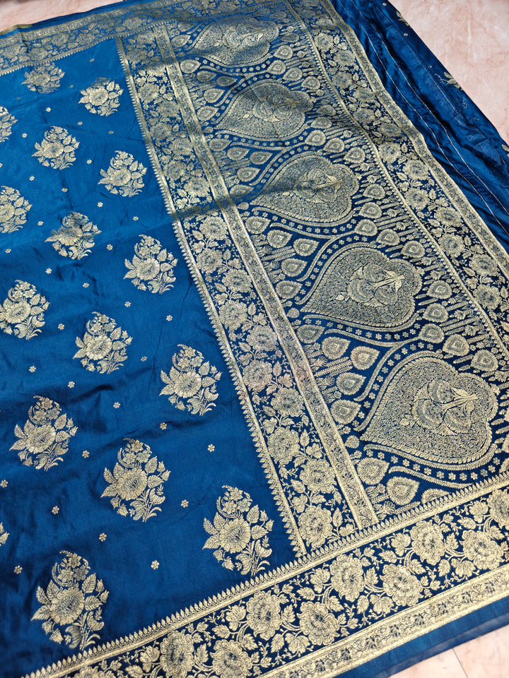 MASHRU KATAN SILK ROYAL BLUE WITH GOLD ZARI WORK BOOTA