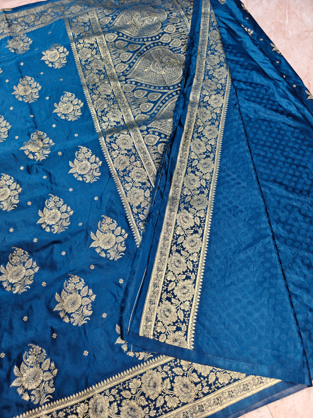 MASHRU KATAN SILK ROYAL BLUE WITH GOLD ZARI WORK BOOTA