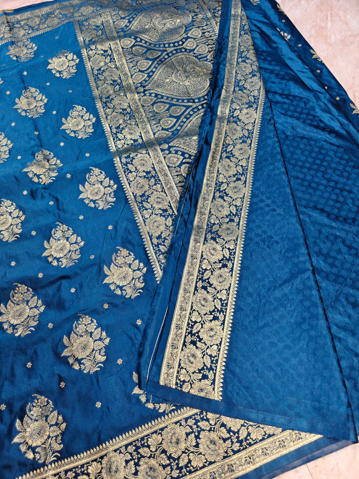 MASHRU KATAN SILK ROYAL BLUE WITH GOLD ZARI WORK BOOTA