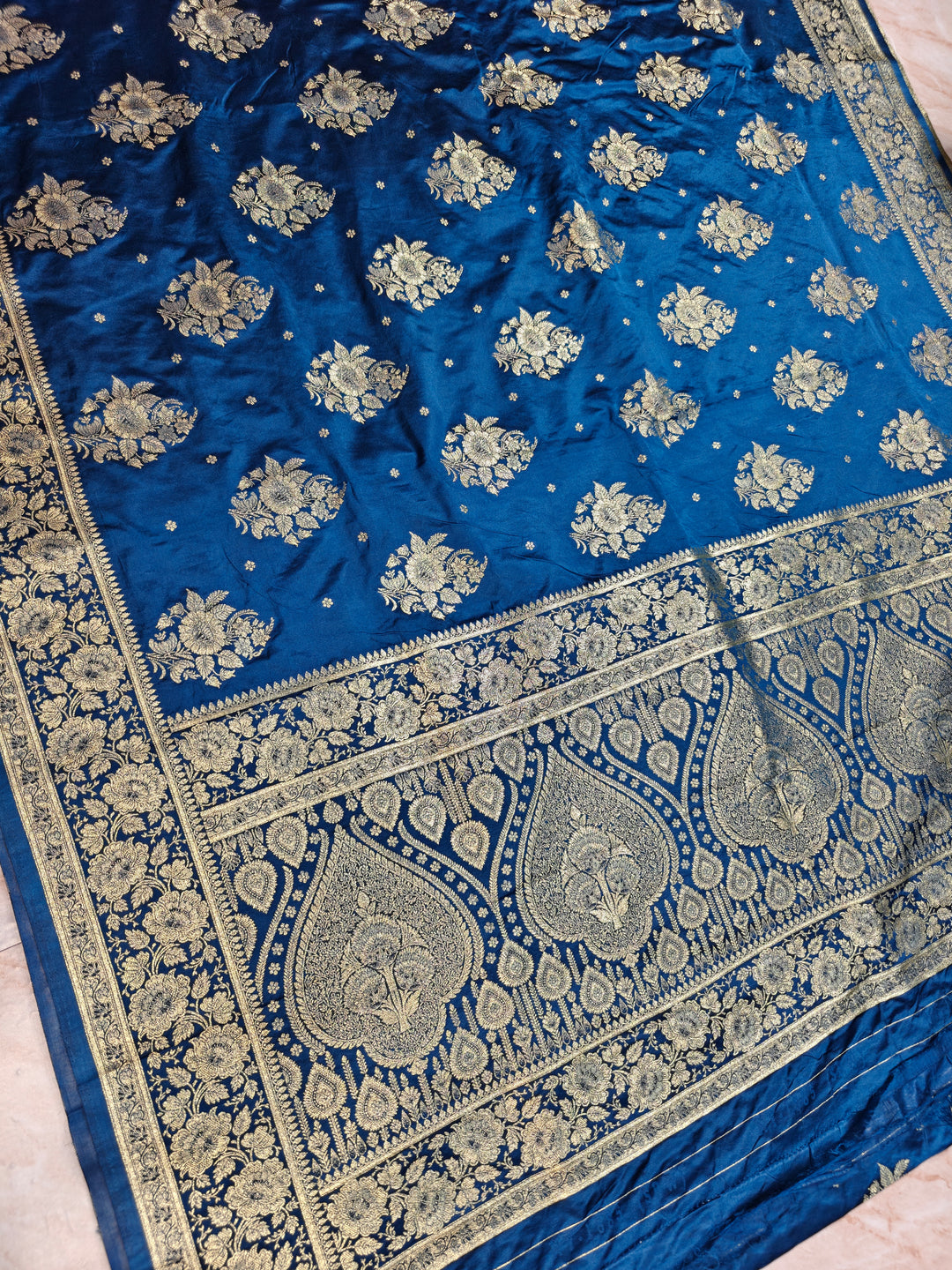 MASHRU KATAN SILK ROYAL BLUE WITH GOLD ZARI WORK BOOTA