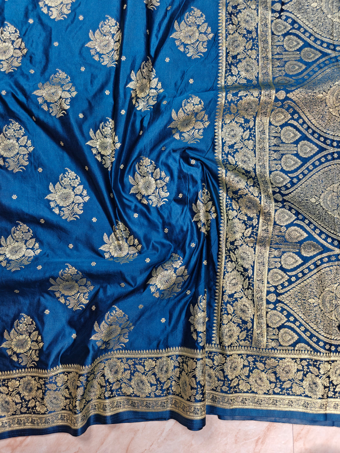 MASHRU KATAN SILK ROYAL BLUE WITH GOLD ZARI WORK BOOTA