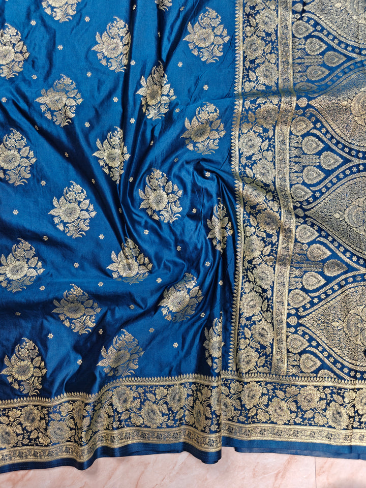 MASHRU KATAN SILK ROYAL BLUE WITH GOLD ZARI WORK BOOTA
