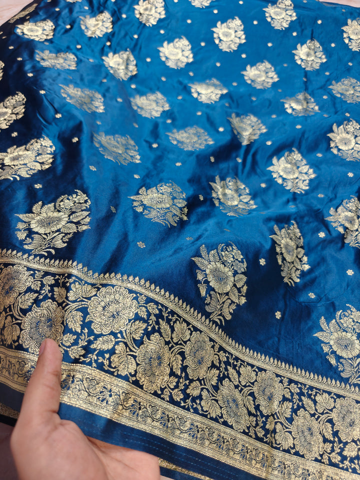 MASHRU KATAN SILK ROYAL BLUE WITH GOLD ZARI WORK BOOTA