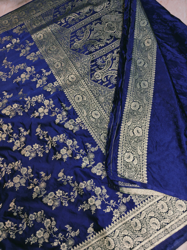 MASHRU KATAN SILK IN NAVY BLUE WITH GOLD ZARI WORK JAAL