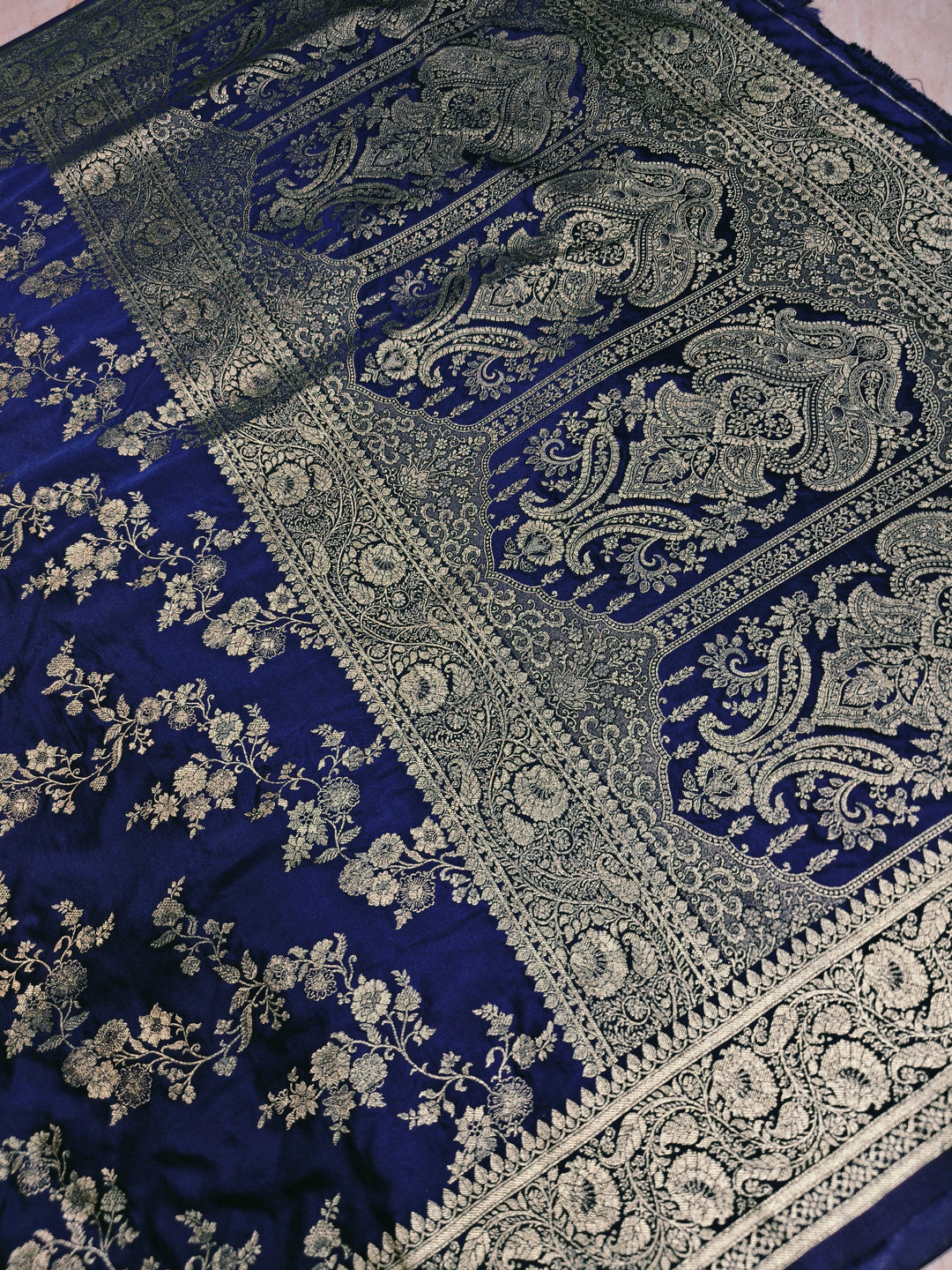 MASHRU KATAN SILK IN NAVY BLUE WITH GOLD ZARI WORK JAAL