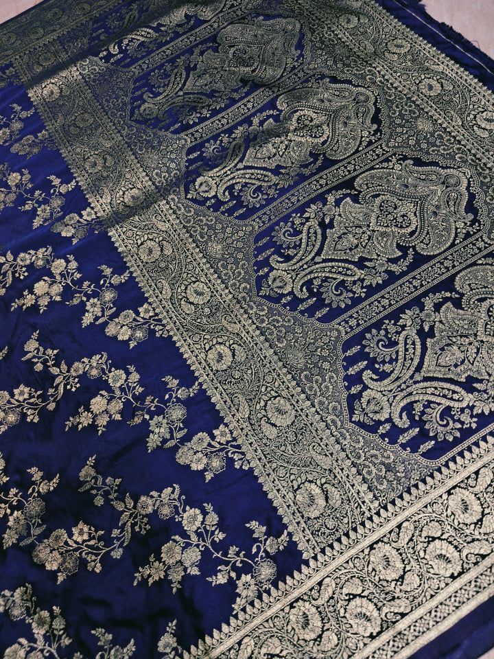 MASHRU KATAN SILK IN NAVY BLUE WITH GOLD ZARI WORK JAAL