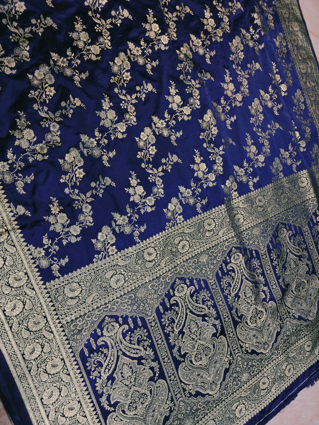 MASHRU KATAN SILK IN NAVY BLUE WITH GOLD ZARI WORK JAAL