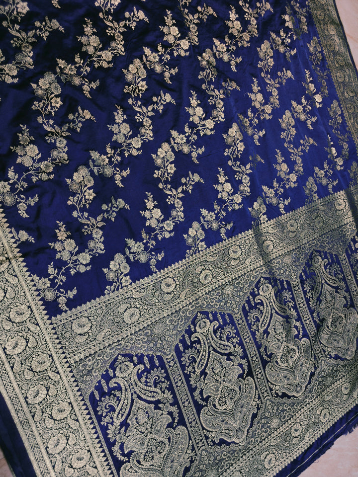 MASHRU KATAN SILK IN NAVY BLUE WITH GOLD ZARI WORK JAAL
