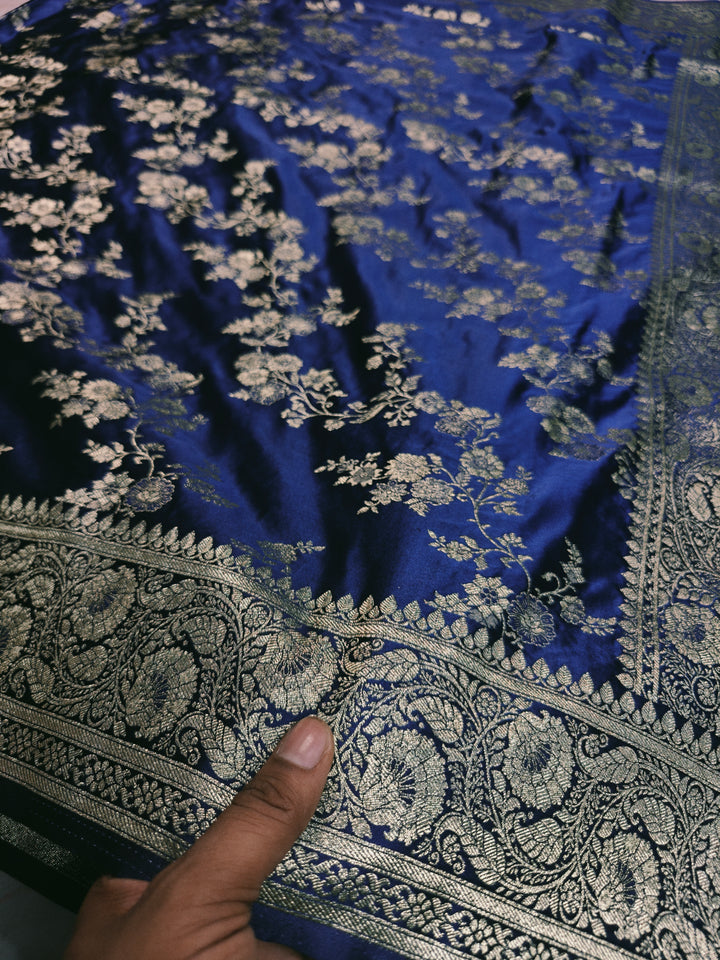MASHRU KATAN SILK IN NAVY BLUE WITH GOLD ZARI WORK JAAL