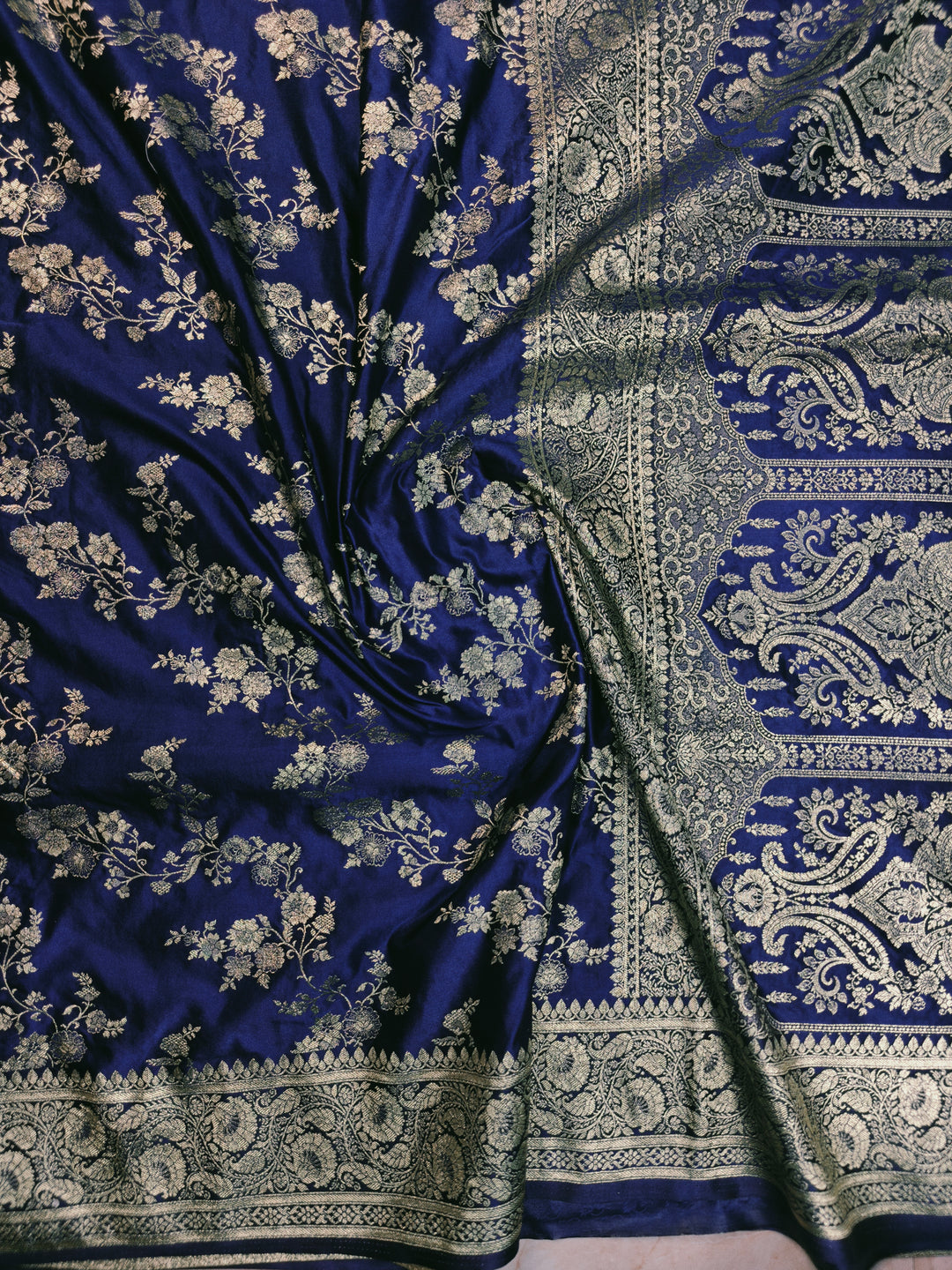 MASHRU KATAN SILK IN NAVY BLUE WITH GOLD ZARI WORK JAAL