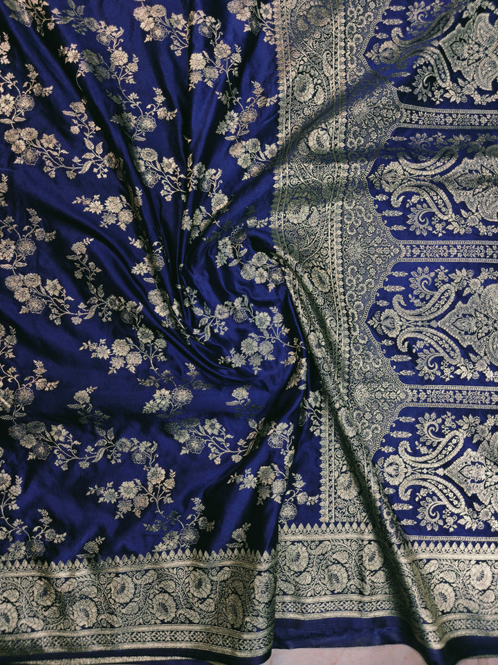 MASHRU KATAN SILK IN NAVY BLUE WITH GOLD ZARI WORK JAAL