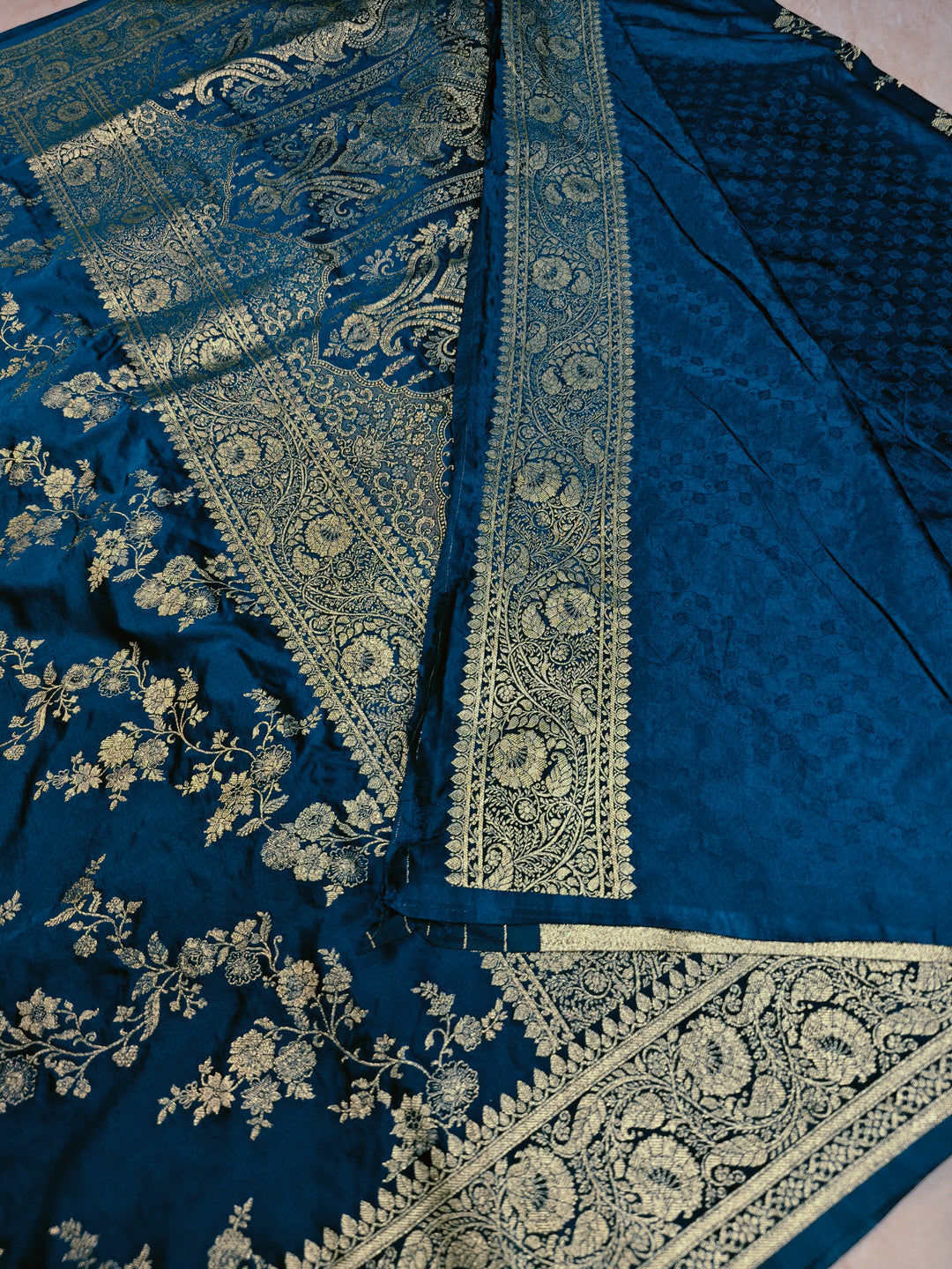 MASHRU KATAN SILK IN ROYAL BLUE WITH GOLD ZARI WORK JAAL