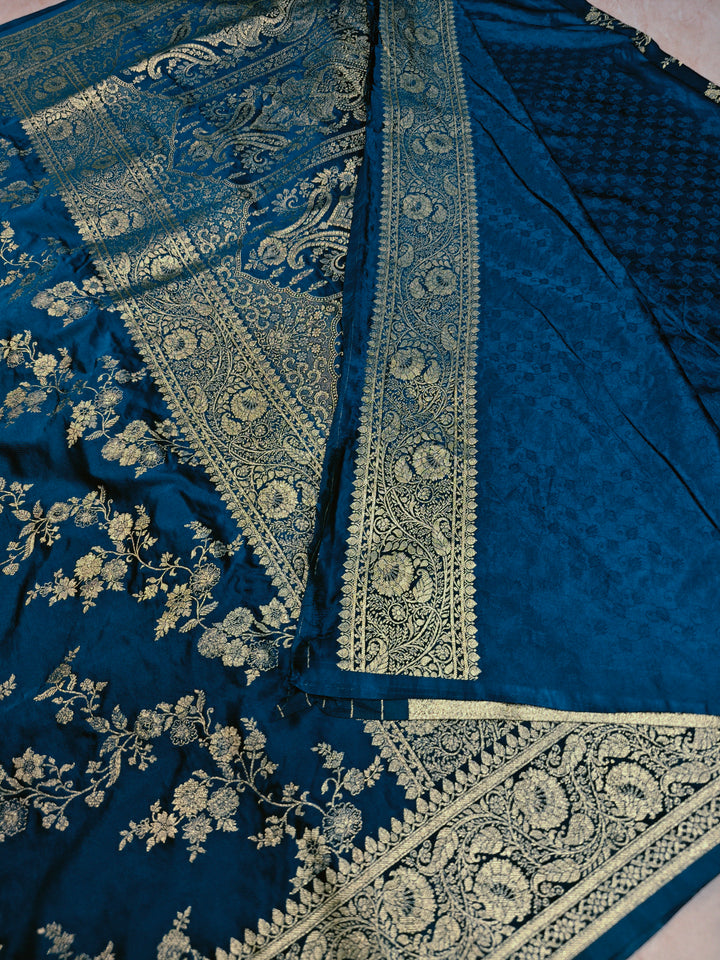 MASHRU KATAN SILK IN ROYAL BLUE WITH GOLD ZARI WORK JAAL