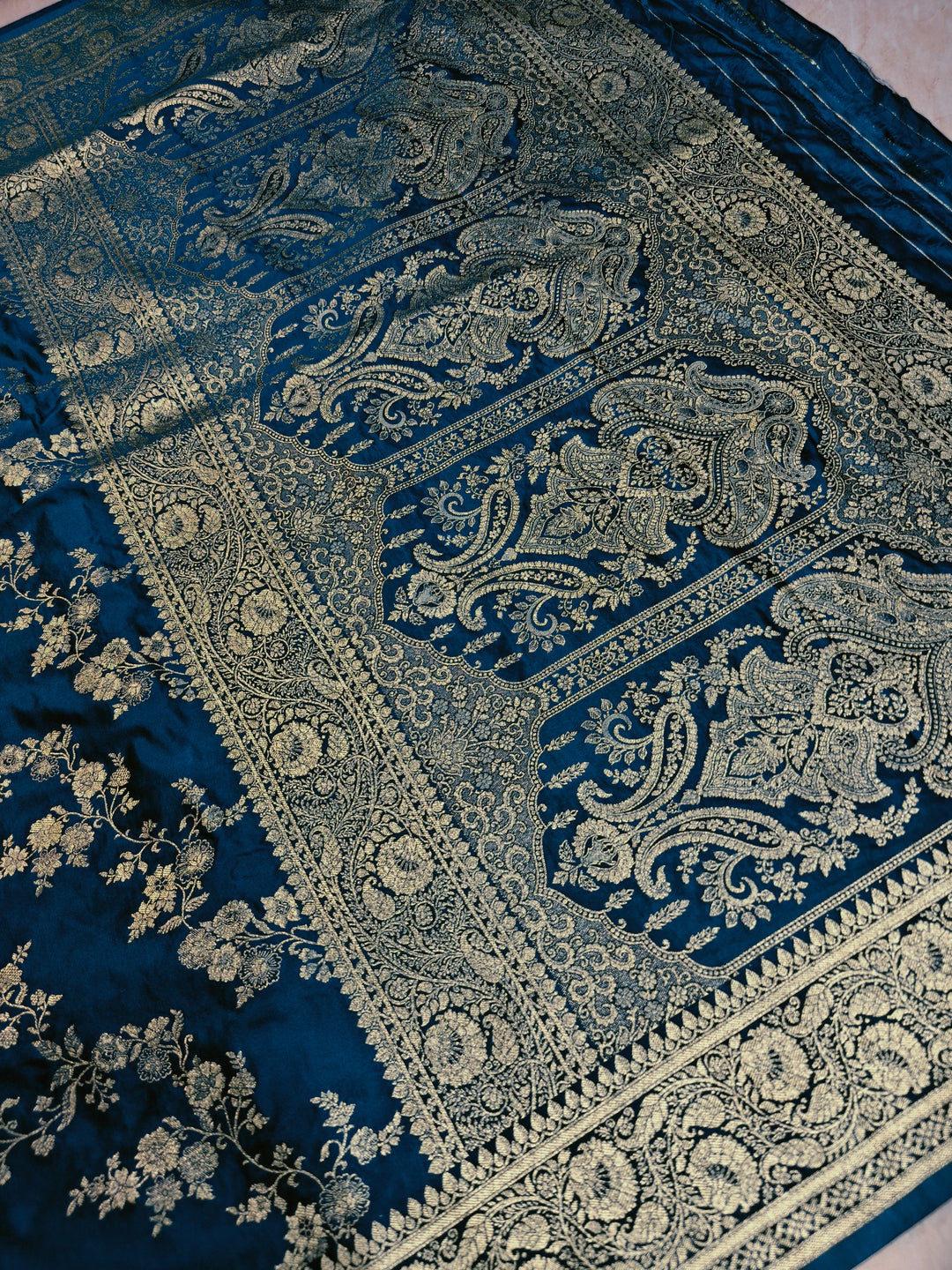 MASHRU KATAN SILK IN ROYAL BLUE WITH GOLD ZARI WORK JAAL