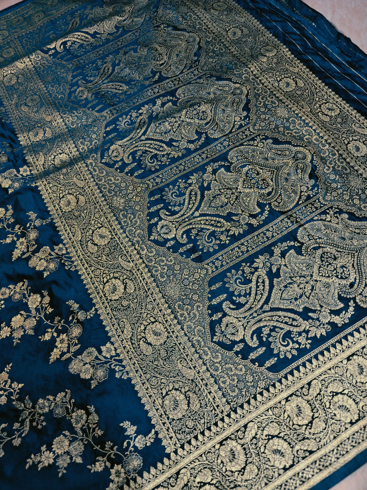 MASHRU KATAN SILK IN ROYAL BLUE WITH GOLD ZARI WORK JAAL