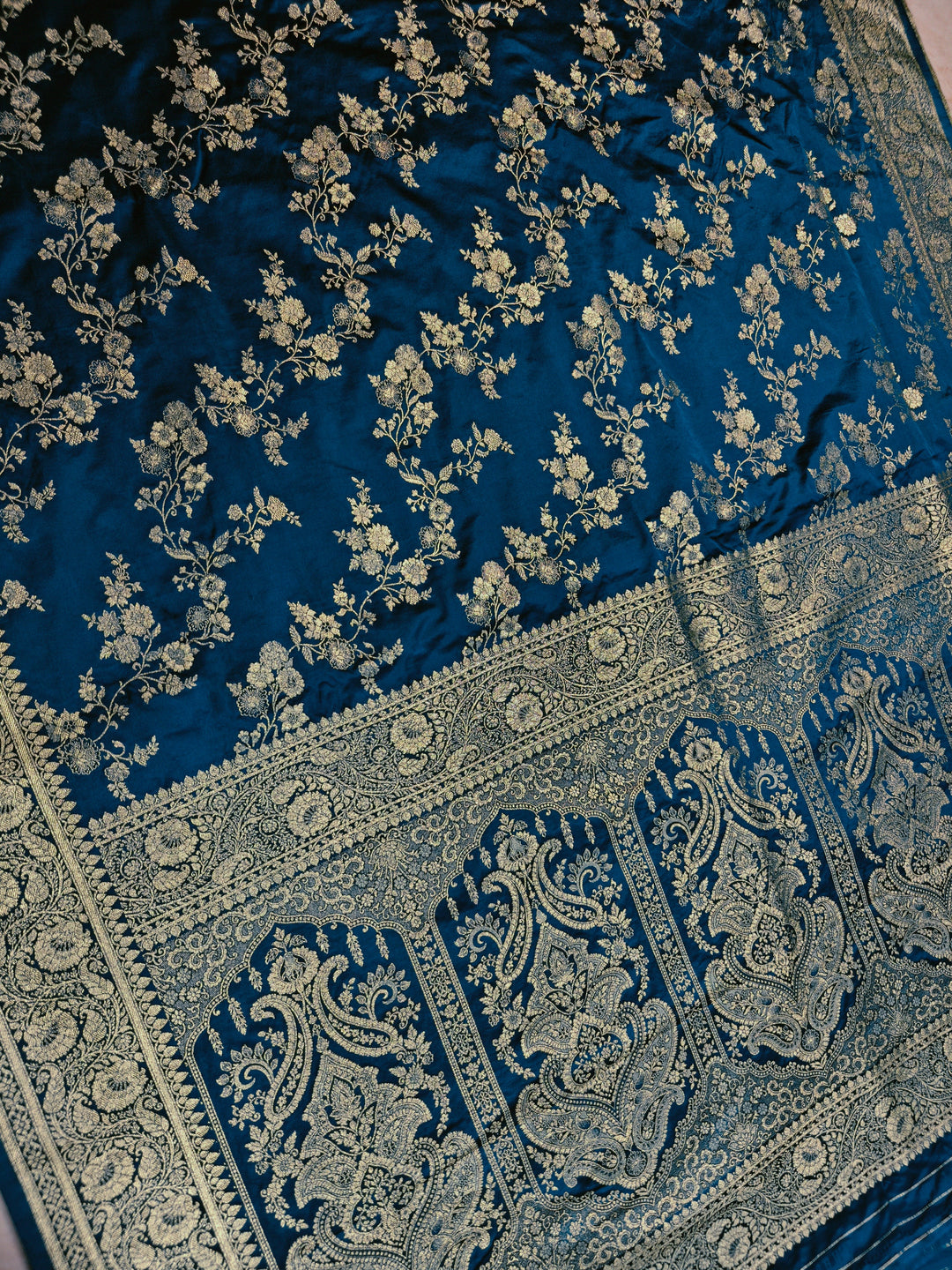 MASHRU KATAN SILK IN ROYAL BLUE WITH GOLD ZARI WORK JAAL