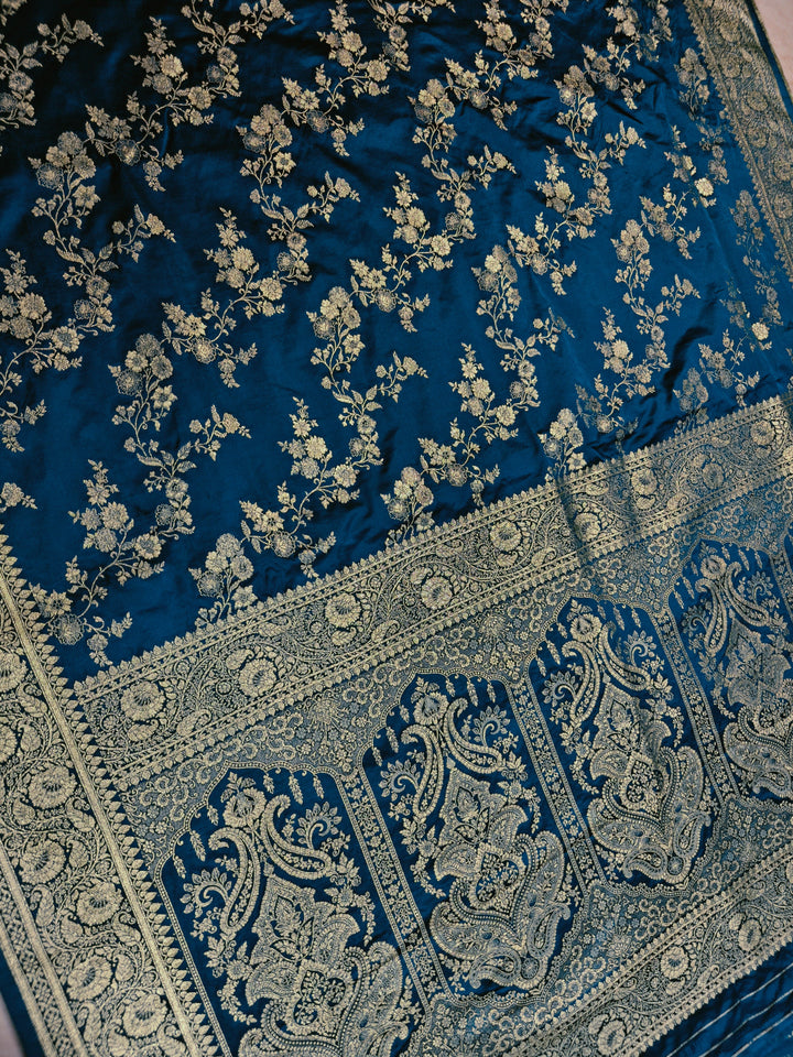 MASHRU KATAN SILK IN ROYAL BLUE WITH GOLD ZARI WORK JAAL