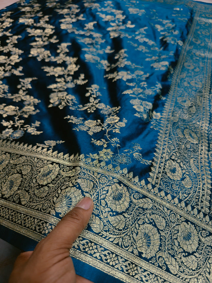 MASHRU KATAN SILK IN ROYAL BLUE WITH GOLD ZARI WORK JAAL