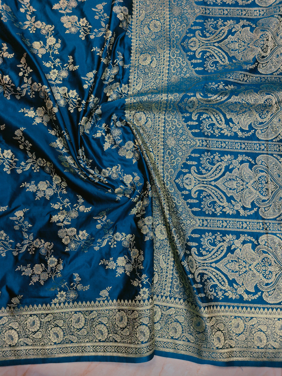 MASHRU KATAN SILK IN ROYAL BLUE WITH GOLD ZARI WORK JAAL