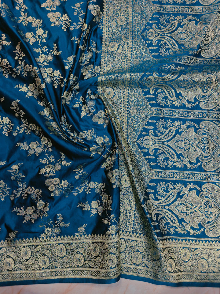 MASHRU KATAN SILK IN ROYAL BLUE WITH GOLD ZARI WORK JAAL