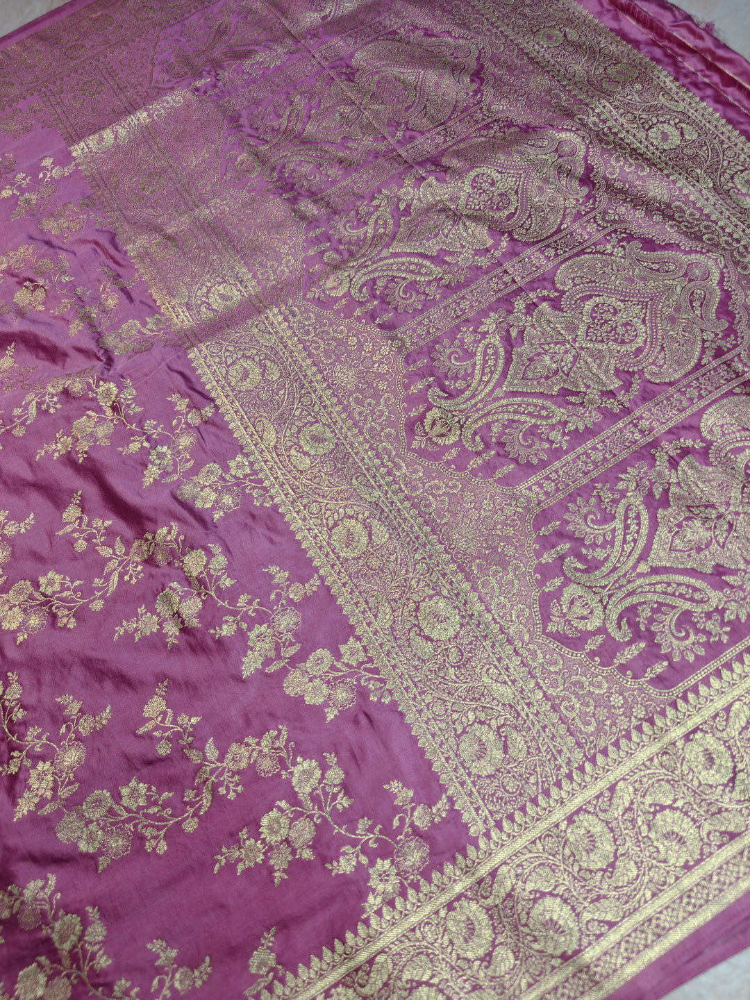 MASHRU KATAN SILK IN LAVENDER WITH GOLD ZARI WORK