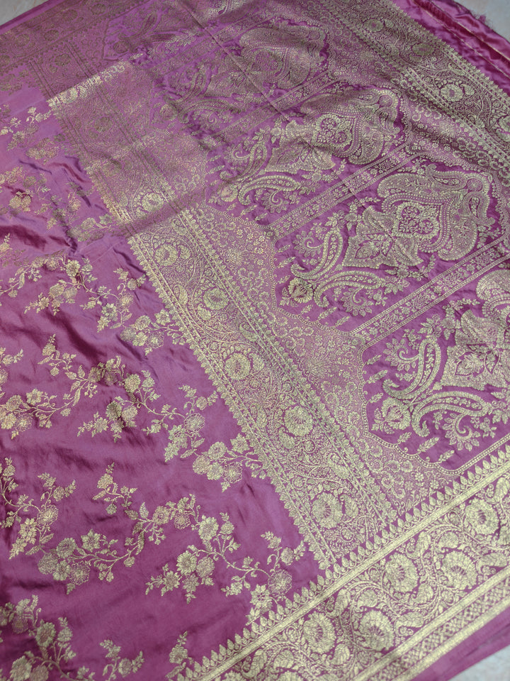 MASHRU KATAN SILK IN LAVENDER WITH GOLD ZARI WORK