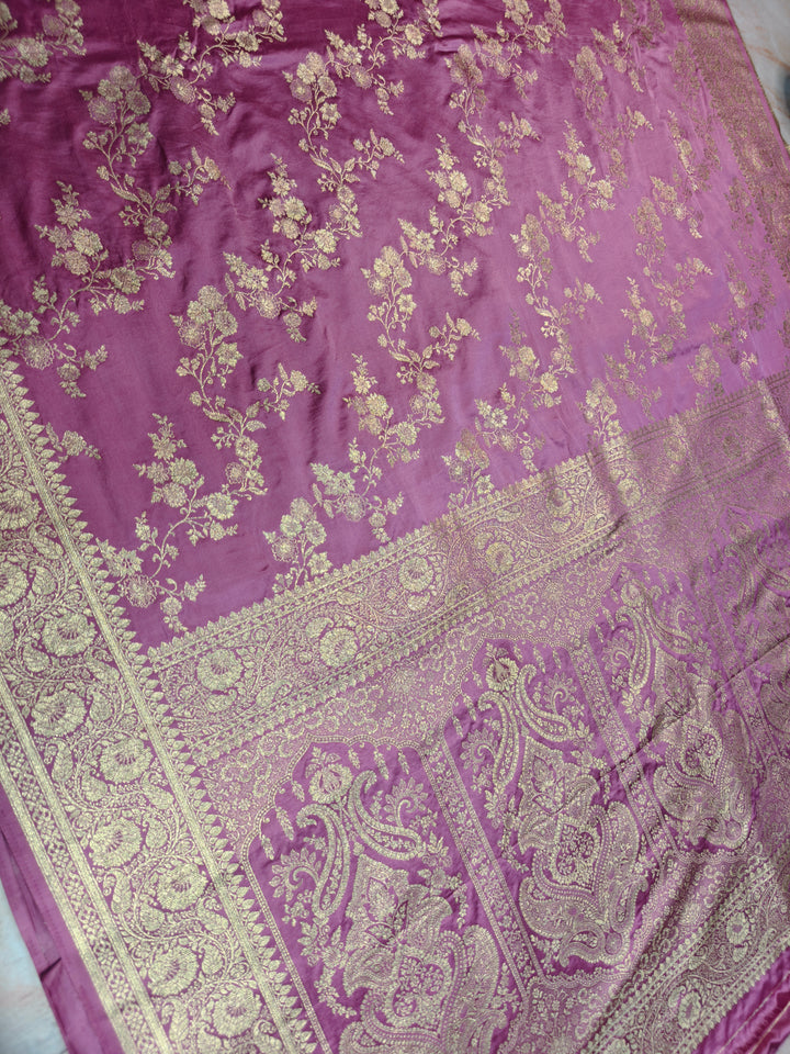 MASHRU KATAN SILK IN LAVENDER WITH GOLD ZARI WORK