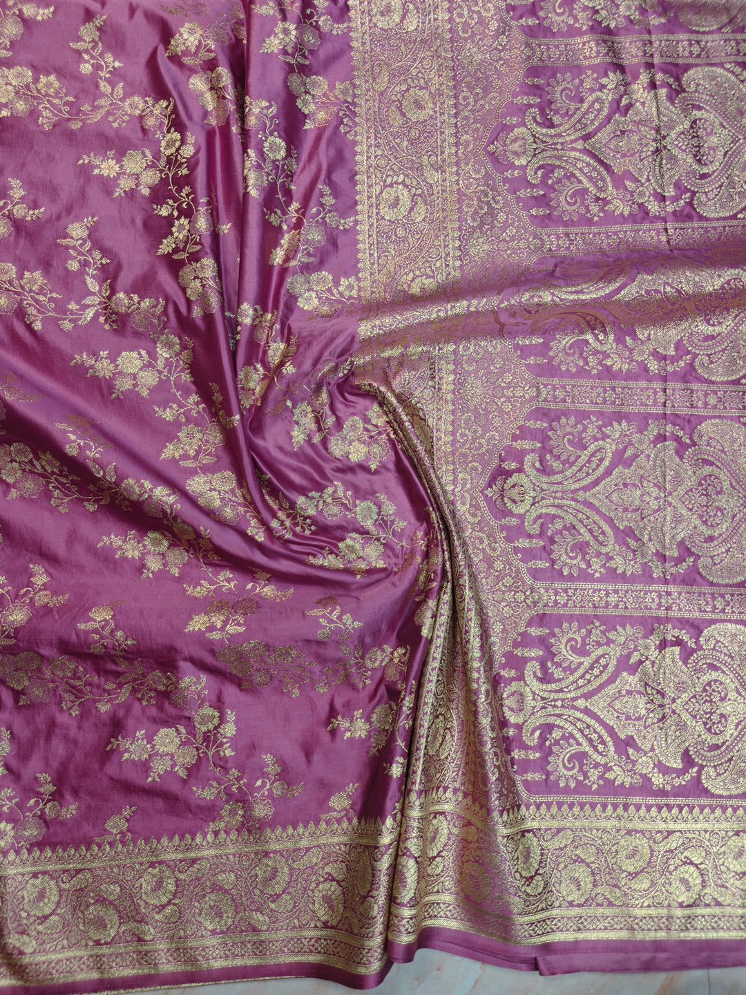 MASHRU KATAN SILK IN LAVENDER WITH GOLD ZARI WORK