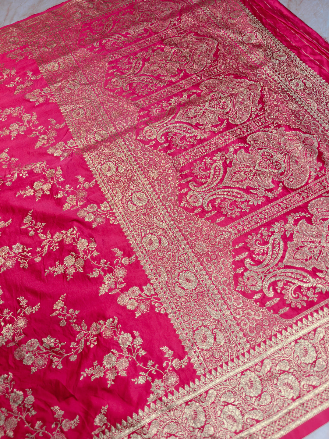 MASHRU KATAN SILK IN RANI WITH GOLD ZARI WORK JAAL