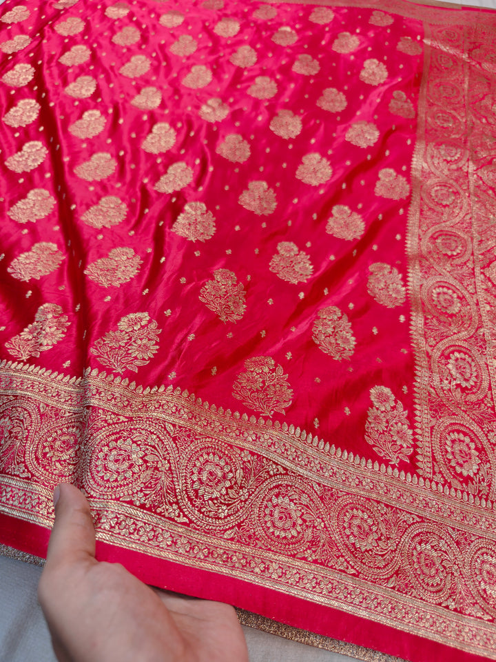 MASHRU KATAN SILK IN ORANGE WITH GOLD ZARI WORK BOOTA