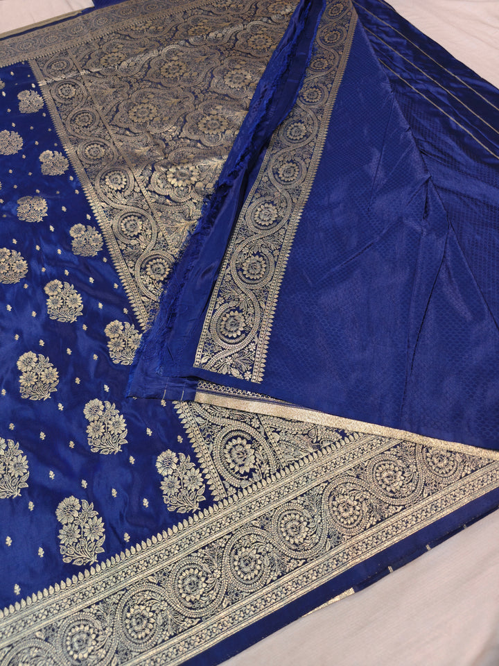 MASHRU KATAN SILK IN NAVY BLUE WITH GOLD ZARI WORK BOOTA