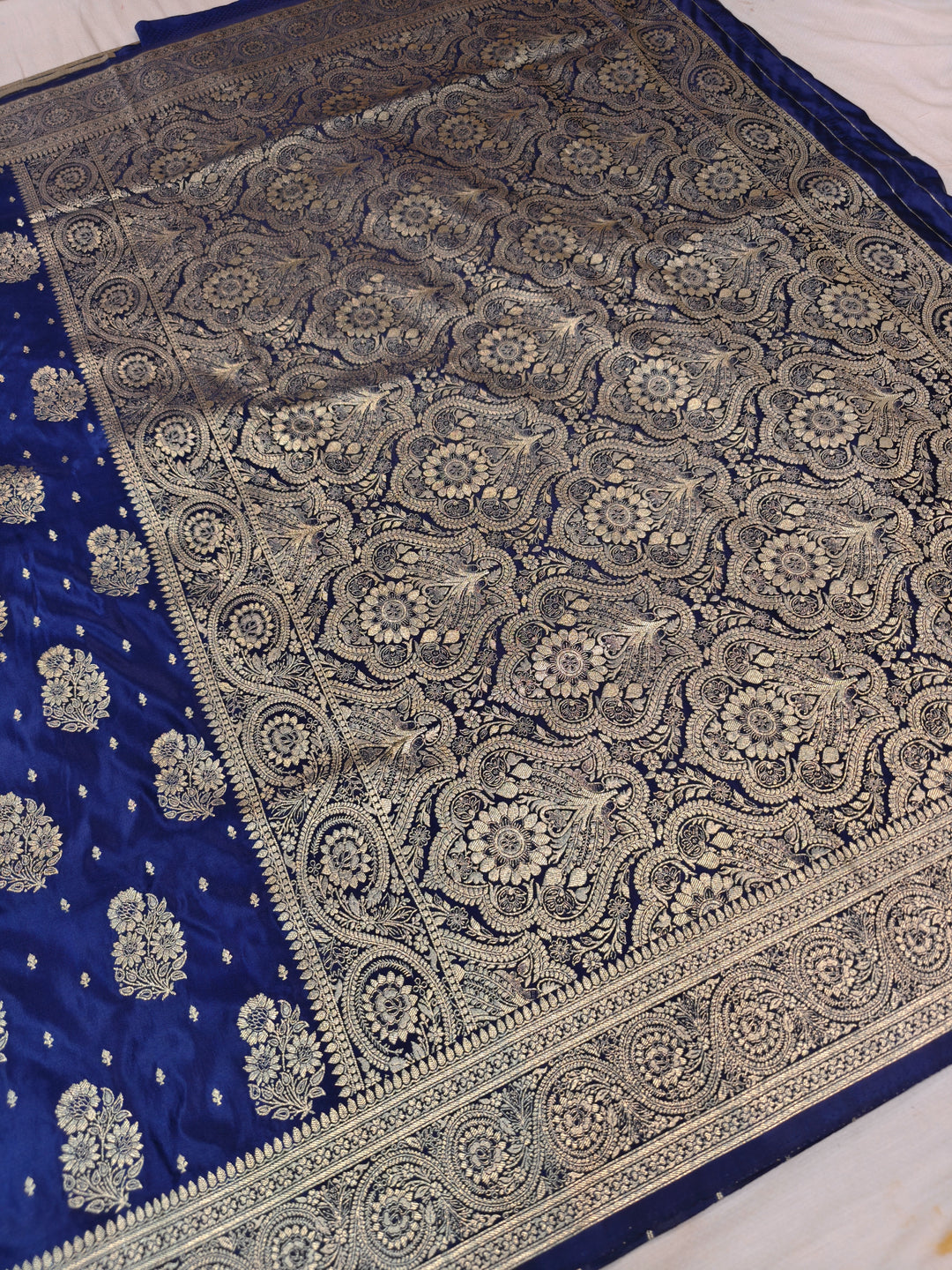 MASHRU KATAN SILK IN NAVY BLUE WITH GOLD ZARI WORK BOOTA
