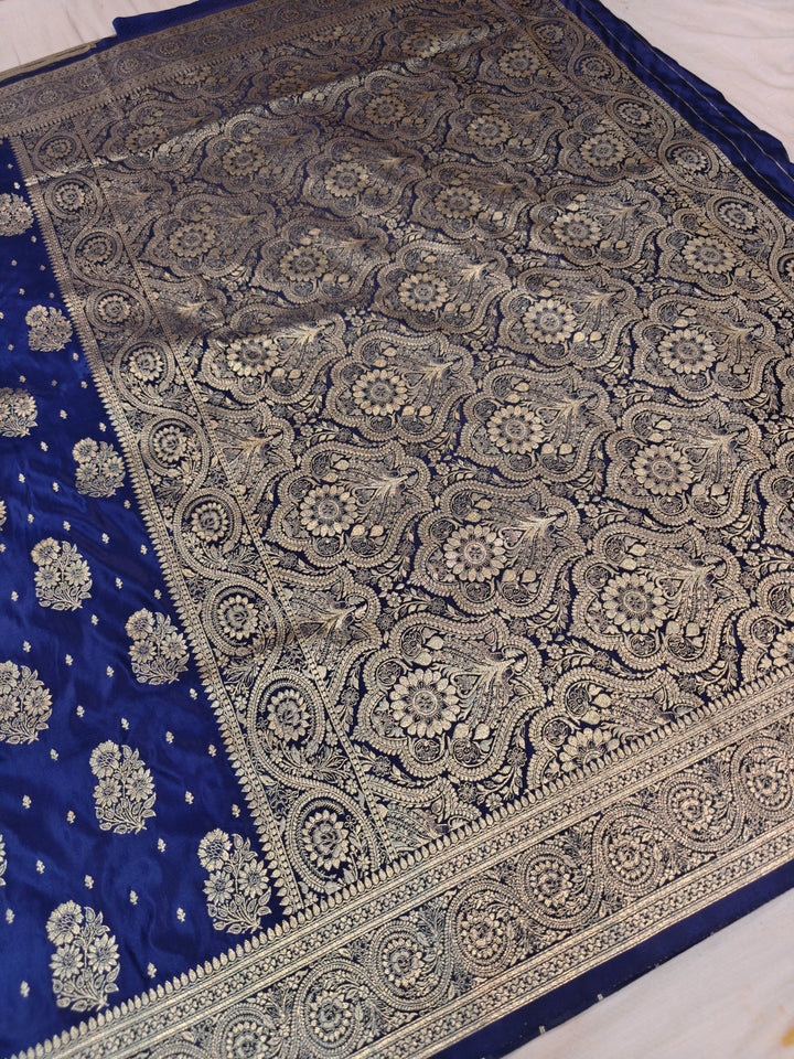 MASHRU KATAN SILK IN NAVY BLUE WITH GOLD ZARI WORK BOOTA
