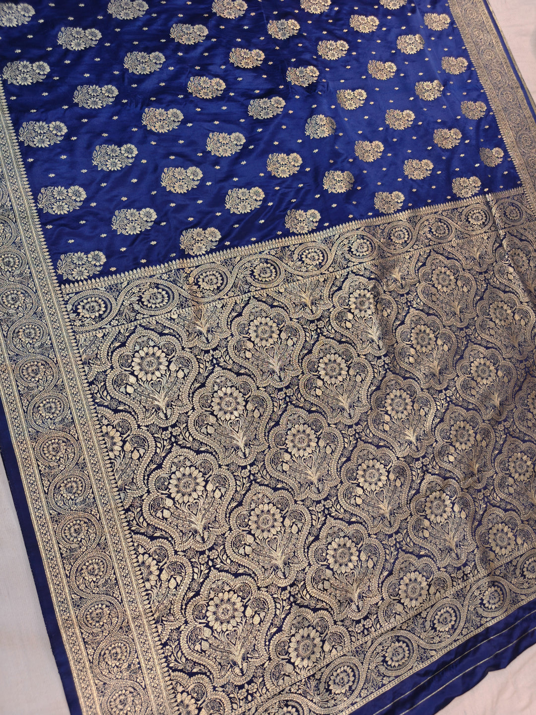 MASHRU KATAN SILK IN NAVY BLUE WITH GOLD ZARI WORK BOOTA
